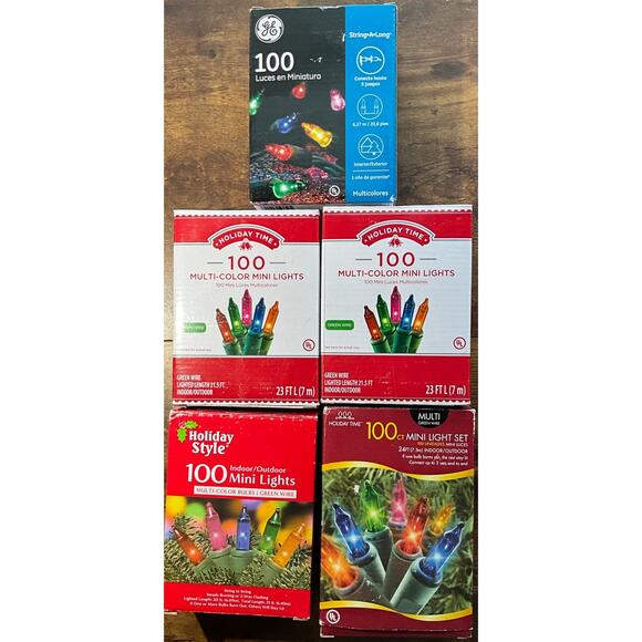 5 New in Boxes 100 Ct Christmas Holiday Lights Multi Color Lights Green Wire - Picture 2 of 5